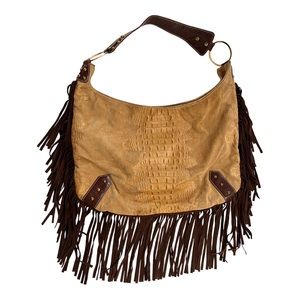 Tan suede shoulder bag with crock impression